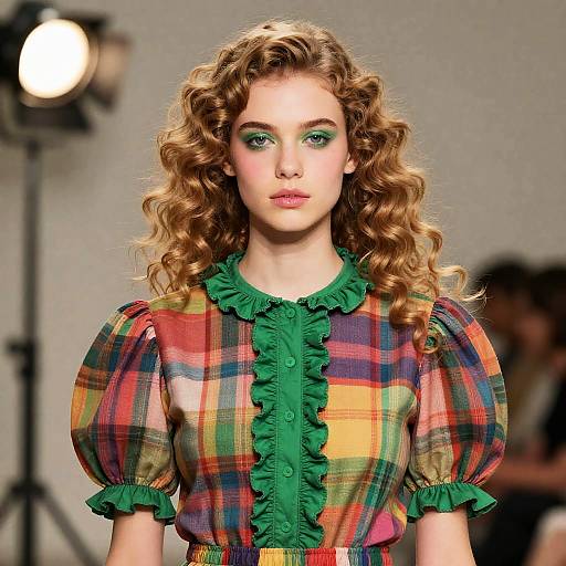 Young Woman with Curly Hair and Colorful Dress