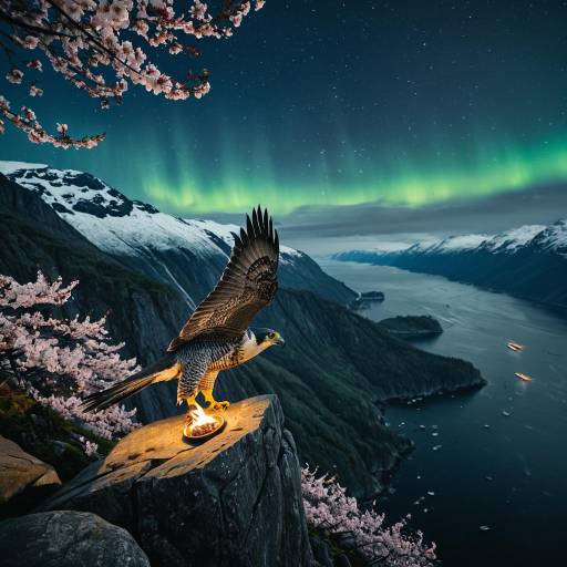 Peregrine Falcon Over Misty Fjord with Aurora and Cherry Blossoms