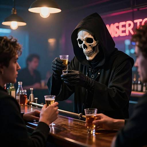 Photograph of a person wearing a black hooded cloak with a skull mask, holding a glass of beer, sitting at a bar with neon lights and
