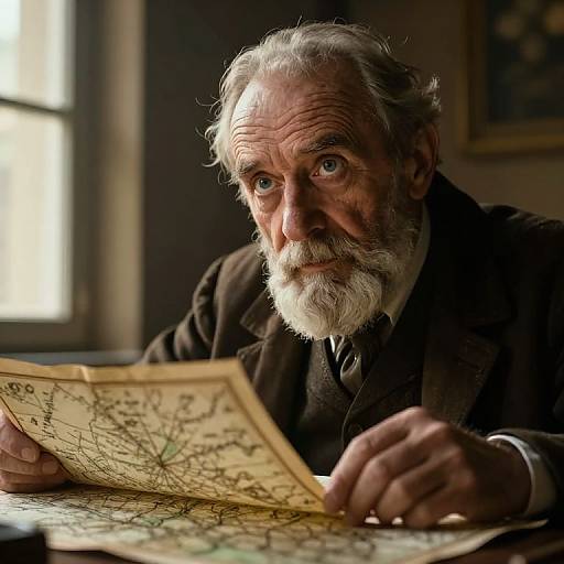 Photograph of an elderly white man with a white beard, wearing a brown suit, intensely studying an old map in a dimly lit room with a