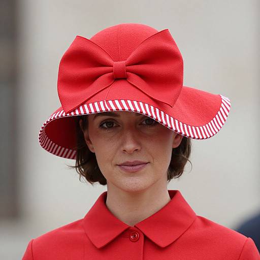 Photograph of a woman with short brown hair, wearing a vibrant red hat with a large bow and striped trim, and a matching red blouse, against
