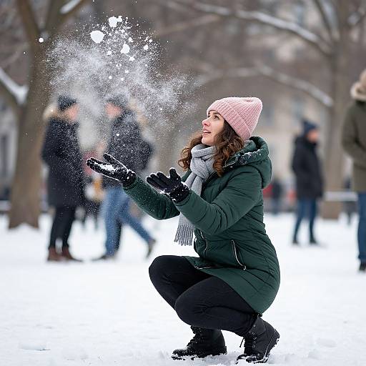 Photograph of a smiling woman with curly brown hair, pink knit hat, green coat, black gloves, and black pants, squatting in snowy park