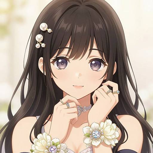 Digital anime-style portrait of a cute young woman with long black hair, purple eyes, and floral accessories, wearing rings and flower jewelry.