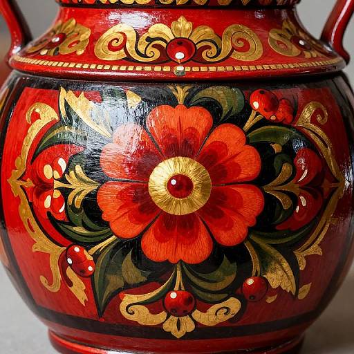 Photograph of a vibrant, red ceramic vase with intricate gold and black floral patterns, featuring a prominent central red flower and green leaves, with red berries