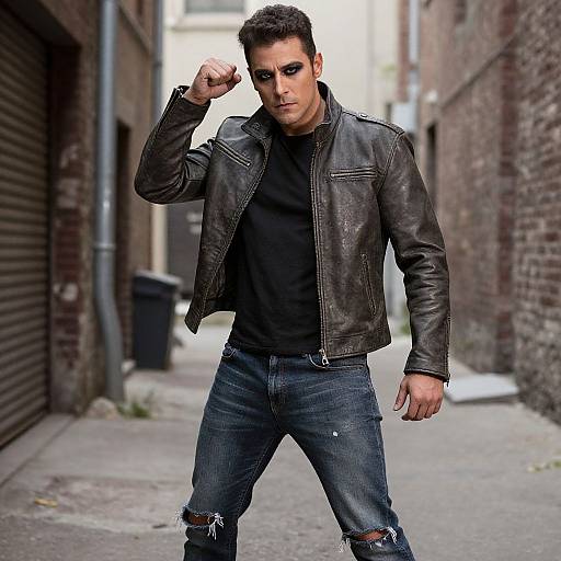 Photograph of a dark-haired man in a black leather jacket, black shirt, and ripped blue jeans, striking a confident pose in a narrow, brick