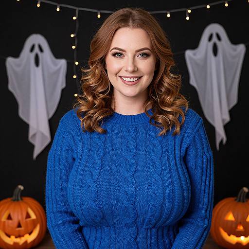 Photograph of smiling woman with curly brown hair, wearing blue knit sweater, standing in front of Halloween decor, including ghost figures and carved pumpkins.