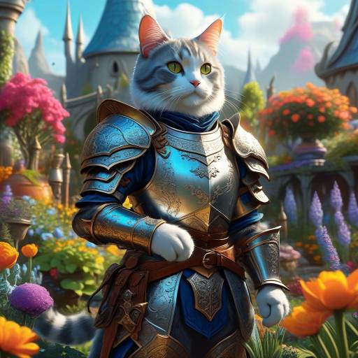 Cat Knight in Ornate Armor in Fantasy Garden