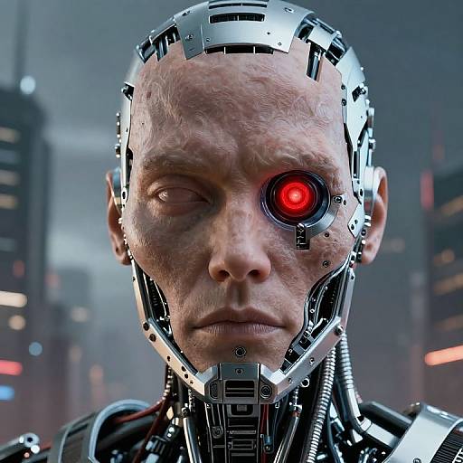 Photorealistic CGI of a bald, middle-aged man with a cybernetic face, one red eye, and metallic components, set against a futuristic
