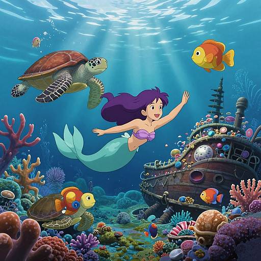 Colorful underwater scene with a purple-haired mermaid, two turtles, and orange fish around a shipwreck, surrounded by vibrant coral and seaweed