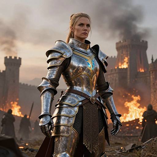 Armored Woman on Fiery Battlefield
