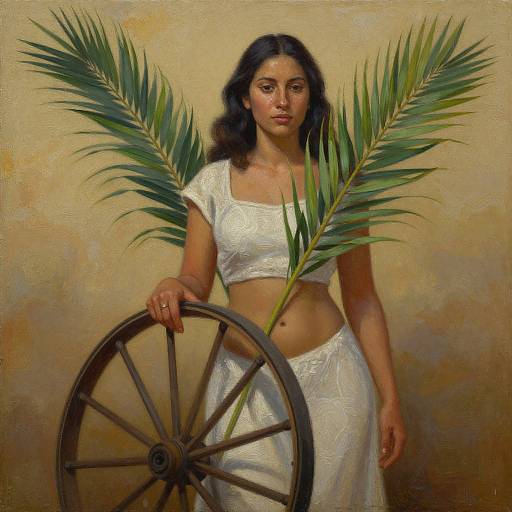 Oil Painting of Woman with Wheel and Palm