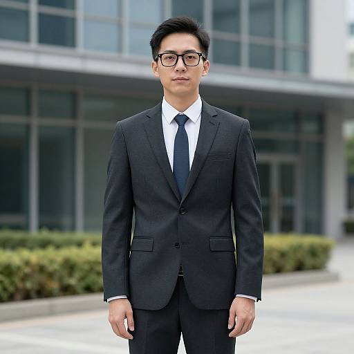 Photograph of an Asian man with short black hair and glasses, wearing a black suit, white shirt, and black tie, standing in front of a