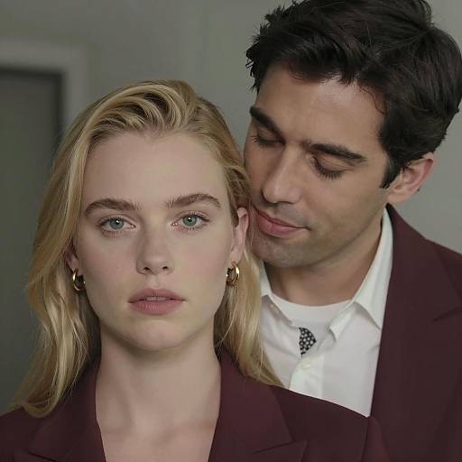 Couple Wearing Maroon Jackets in Intimate Pose