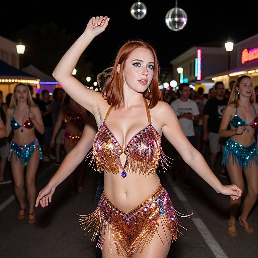 Photograph of a red-haired dancer in a sparkling gold and purple fringe bikini, performing outdoors at night, surrounded by other dancers and a neon-lit