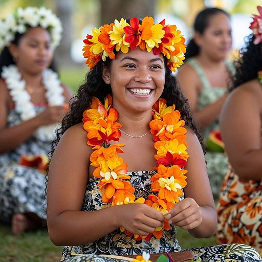 Photograph of a smiling young woman with dark curly hair, wearing a vibrant orange and yellow flower headpiece and lei, in a tropical, floral-pattern
