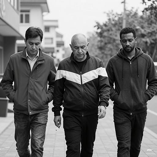 Three Men Walking Outdoors in Black and White