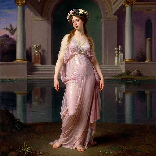 Classical painting of a fair-skinned woman with long brown hair, wearing a pink, flowing gown, and a floral crown, standing in front of