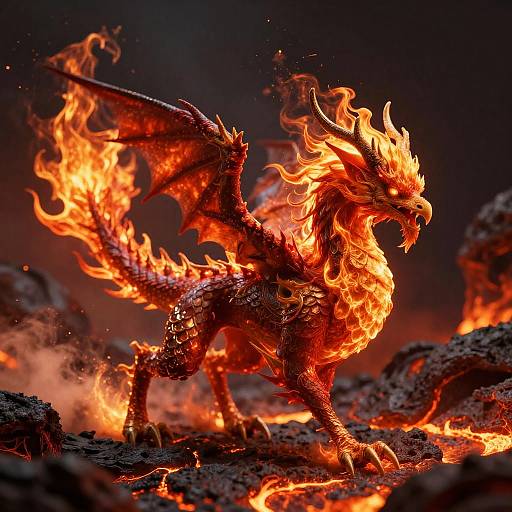 Photorealistic CGI of a fiery, red-scaled dragon with glowing eyes and wings ablaze, standing on a rocky, lava-strewn landscape