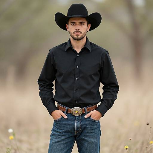 Photograph of a handsome, bearded man in a black cowboy hat, black shirt, blue jeans, brown belt with ornate buckle, standing in