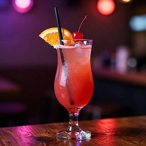 Photograph of a vibrant red cocktail in a curved glass with a black straw, orange slice, and cherry, set on a wooden table with blurred colorful