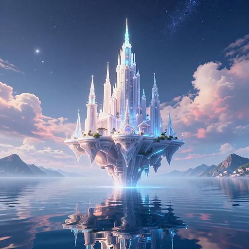 Digital illustration of a glowing, ethereal floating castle with spires, surrounded by a reflective blue lake and pink-tinged clouds under a starry