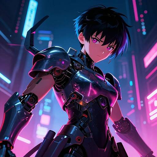 Digital anime-style artwork of a black-haired, purple-eyed, cybernetic woman in neon-lit futuristic city, wearing black, glowing armor with intricate