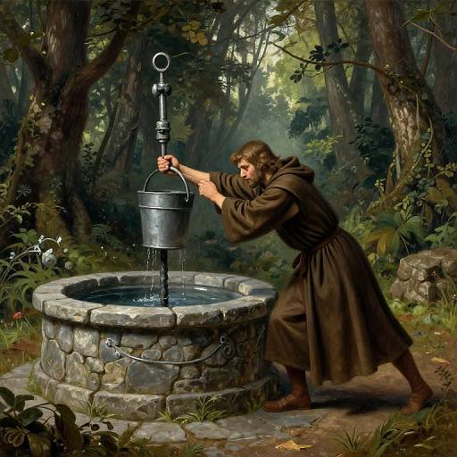Digital painting of a brown-haired man in medieval robes pumping a metal bucket into a stone well in a lush, forested clearing.