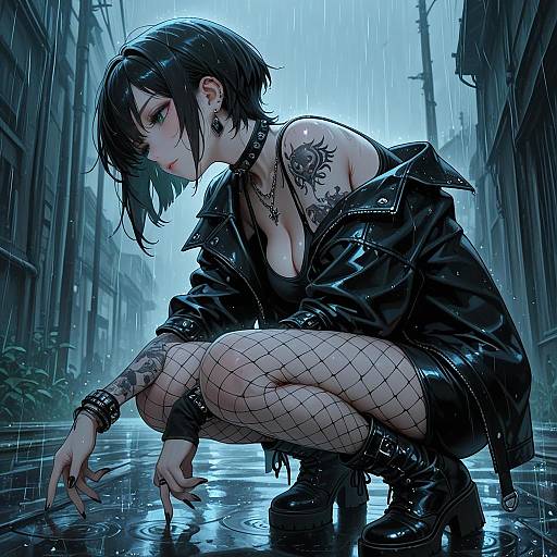 Gothic Woman Squatting in Rainy Urban Setting