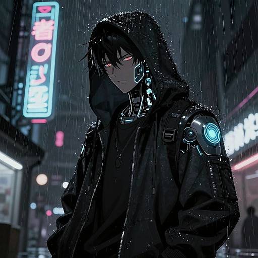 Digital anime drawing of a serious, glowing-eyed man in a dark, hooded jacket with cybernetic details, standing in a rainy neon-lit