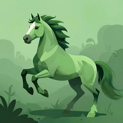 Digital illustration of a green, rearing horse with a black mane and tail, set against a gradient green forest background.