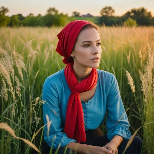 Woman in Red Headscarf Sitting in Green Field