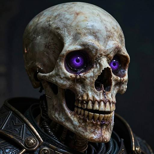 Digital artwork of a grizzled, glowing-purple-eyed skull with cracked bones, wearing dark, ornate armor, against a dark, shadowy background