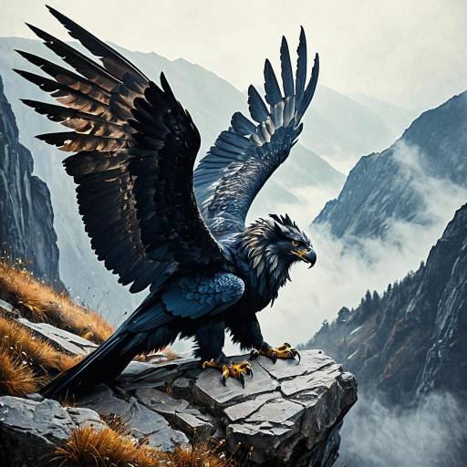Obsidian-winged Gryphon on Mountain Cliff