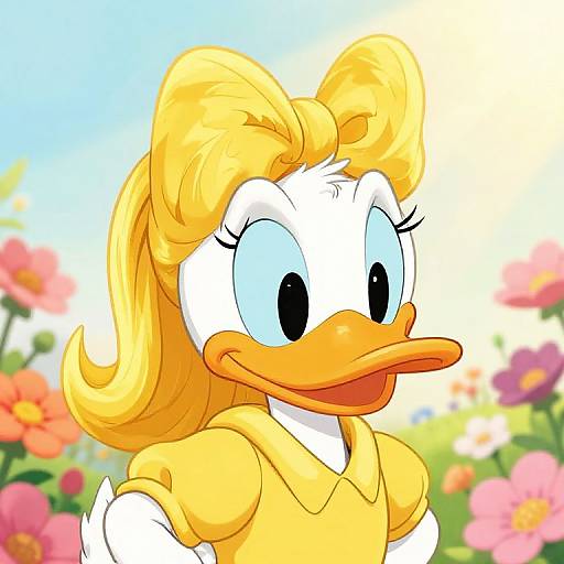 Cartoon duck with large blue eyes, yellow bow, and yellow blouse, smiling against a bright blue sky with colorful flowers.