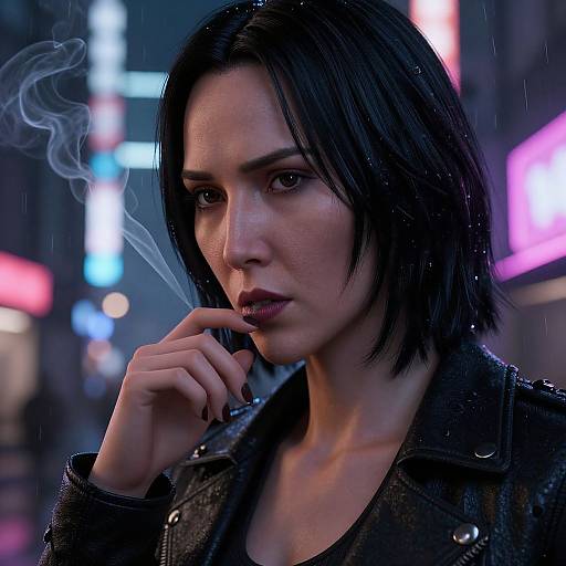 Photorealistic digital art of a serious, wet-haired woman with pale skin, black leather jacket, smoking, in a neon-lit, rainy urban