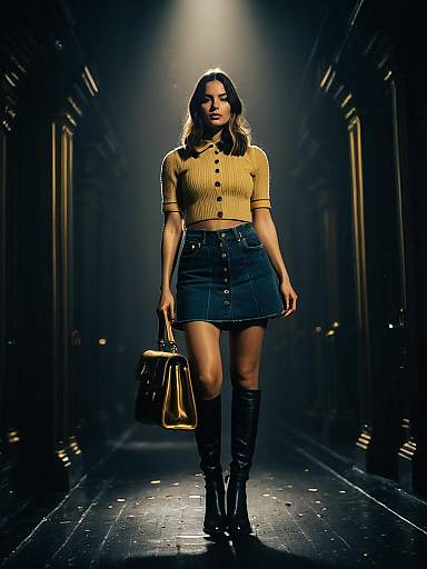 Woman in stylish casual outfit with denim skirt