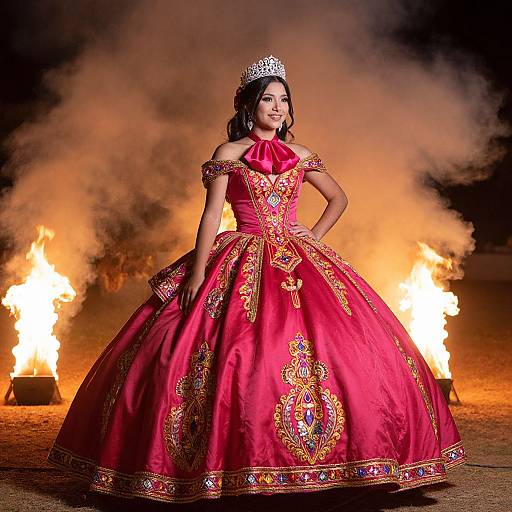 Photograph of a Latina woman in a red, gold-embroidered ball gown with off-shoulder sleeves, silver tiara, standing confidently
