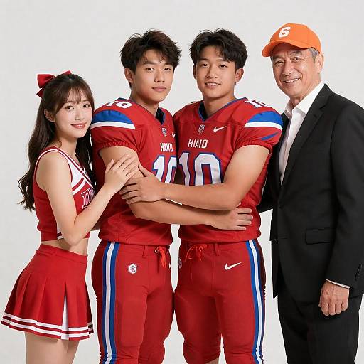 American football team with cheerleader and coach