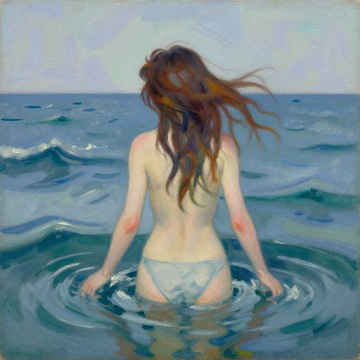 Impressionist painting of a topless woman with long brown hair, wearing white panties, standing waist-deep in ocean water, with gentle waves and