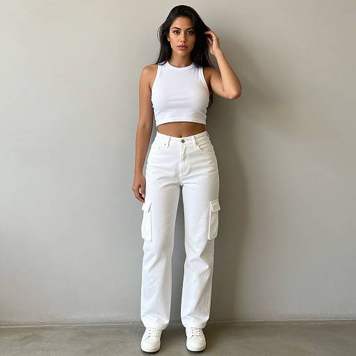 Photograph of a woman with long black hair, wearing a white crop top and high-waisted white cargo pants, standing against a plain gray wall