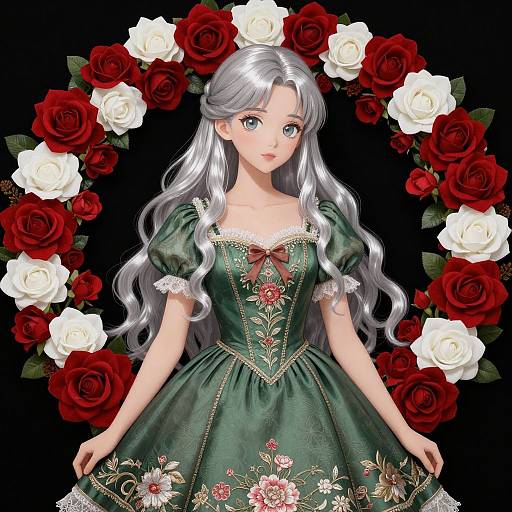 Digital anime-style drawing of a silver-haired girl in a green, floral-embroidered dress, framed by a wreath of red and white roses