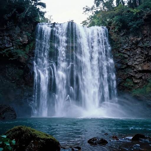 Photograph of a lush, forested waterfall cascading down a rocky cliff into a misty, blue-green pool with moss-covered rocks in the foreground