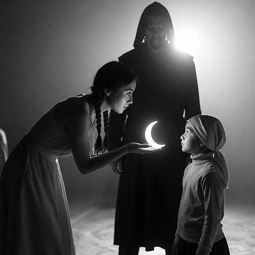 Dramatic Black and White Scene with Crescent Moon