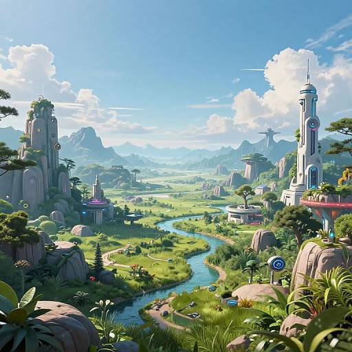 Digital fantasy landscape: lush green valley with winding river, futuristic towers, rocky cliffs, and vibrant vegetation under a bright blue sky.