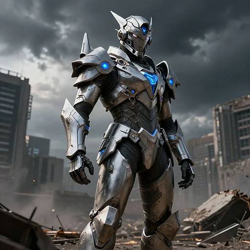 CGI image of a futuristic, silver and blue armored robot standing in a ruined urban landscape with dark, stormy skies.