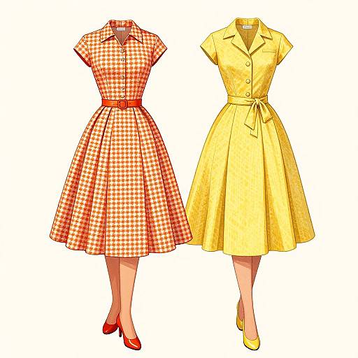 Digital illustration of two vintage-style dresses: left in red and white gingham with red belt and red heels, right in yellow with yellow belt and yellow