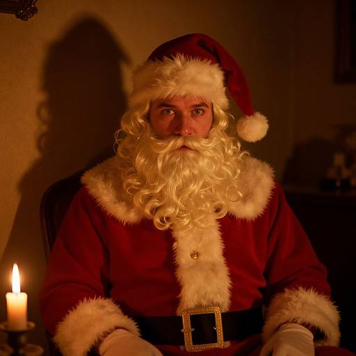 Photograph of a Santa Claus with a long, curly white beard, red hat, and red fur-trimmed coat, illuminated by a candlelight