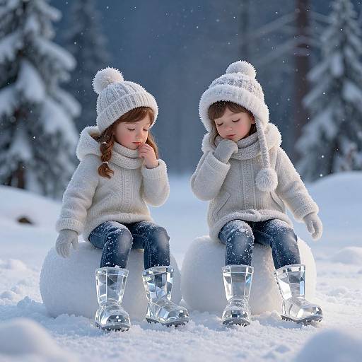 Photograph of two young girls in white knit hats, sweaters, and ice skates, sitting on snowballs in a snowy forest.