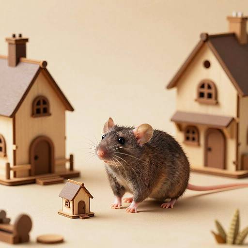 Whimsical Rat Taupe in Miniature Village
