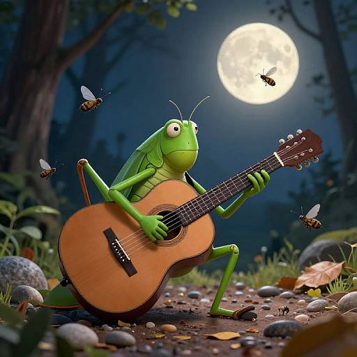 CGI image of a green cartoon cricket playing an acoustic guitar under a full moon in a dark, forested path with flying bees.